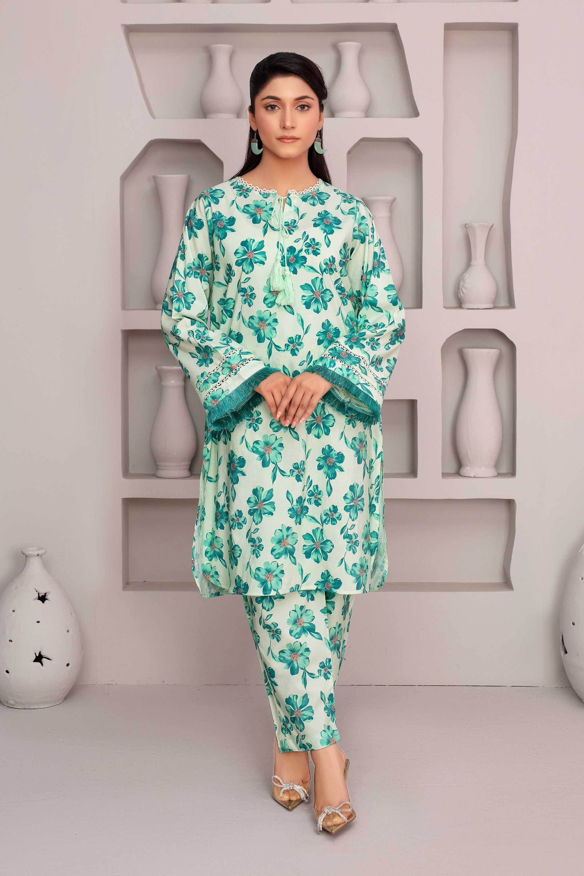 2 Piece Ready To Wear Green Viscose Suit