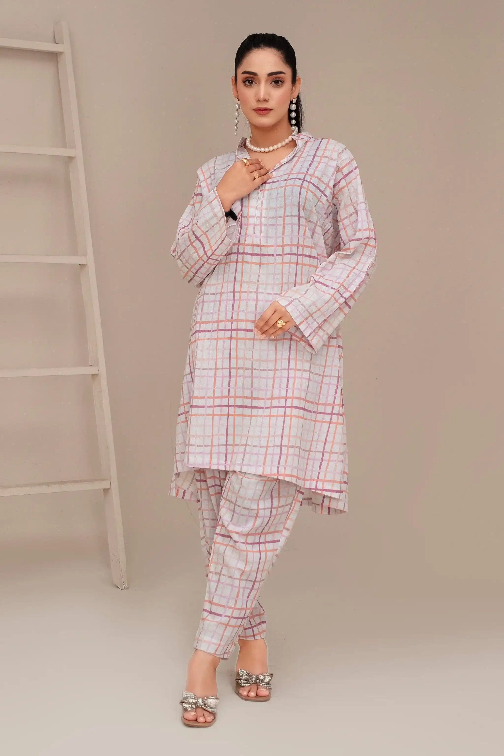 2 Piece Ready To Wear White Seersucker Suit - ZN-49 - ZAINOOR Main image