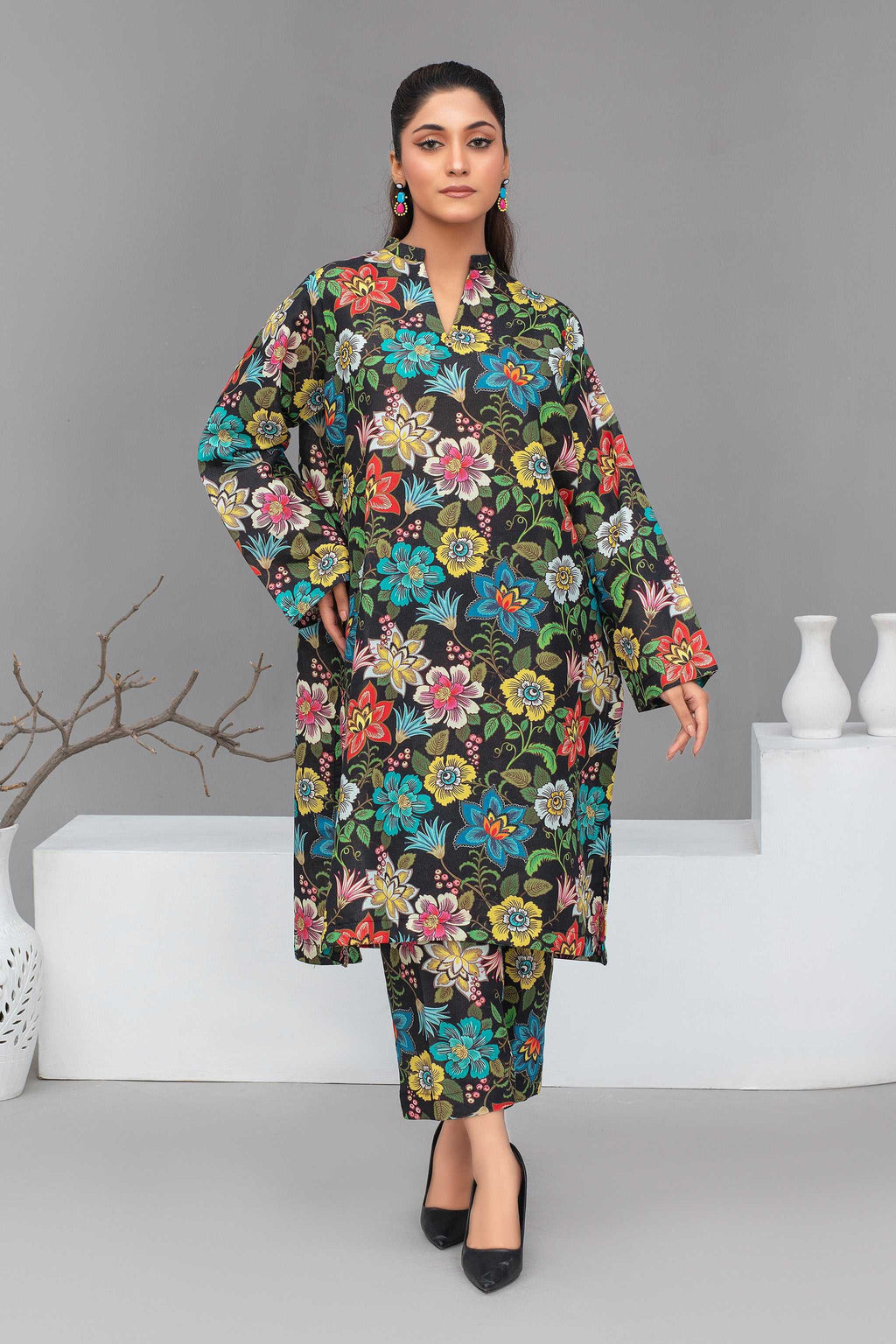 2 Piece Ready To Wear Black Petals Cotton Suit - ZN-154 - ZAINOOR