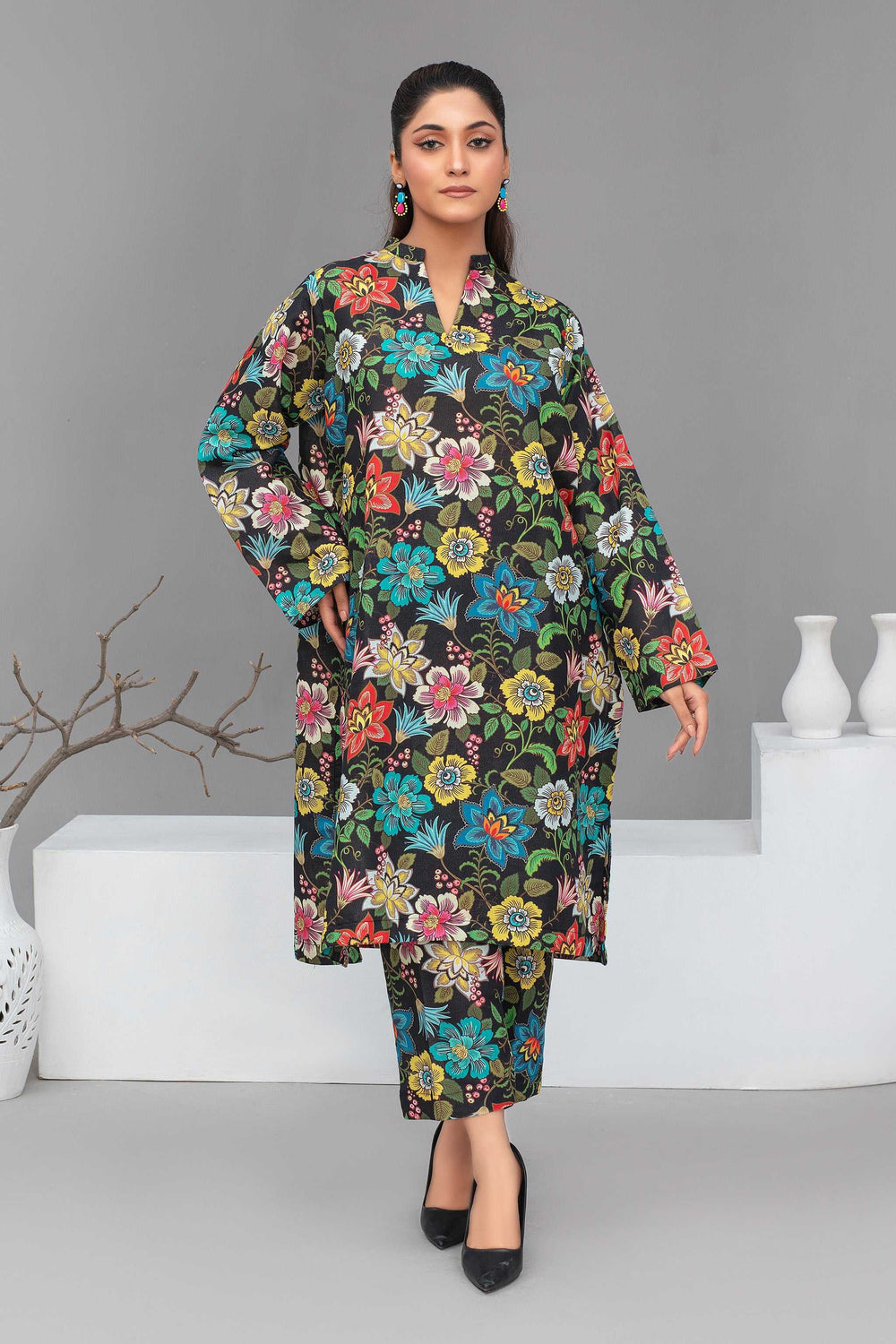 2 Piece Ready To Wear Black Petals Cotton Suit - ZN-154 - ZAINOOR
