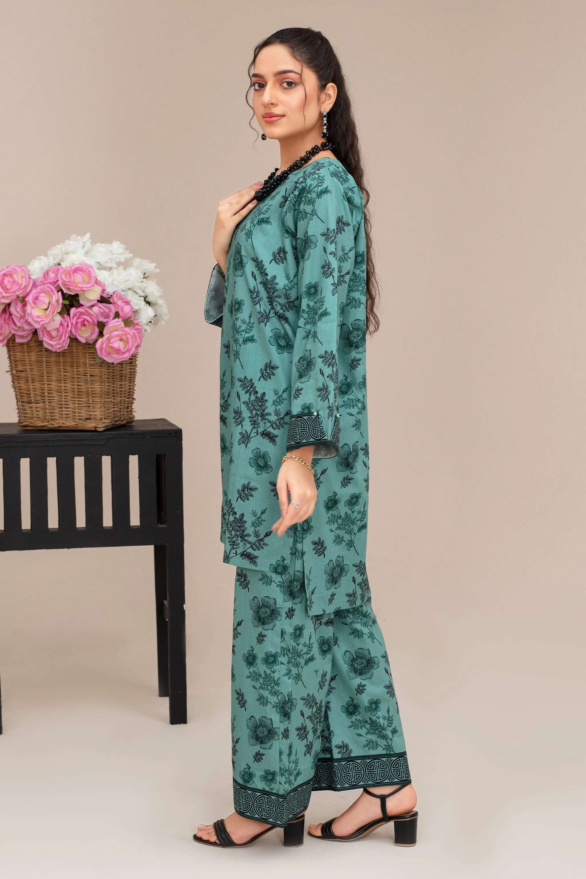 "2 Piece Ready To Wear Teal Cotton Suit - ZN-112 - ZAINOOR"